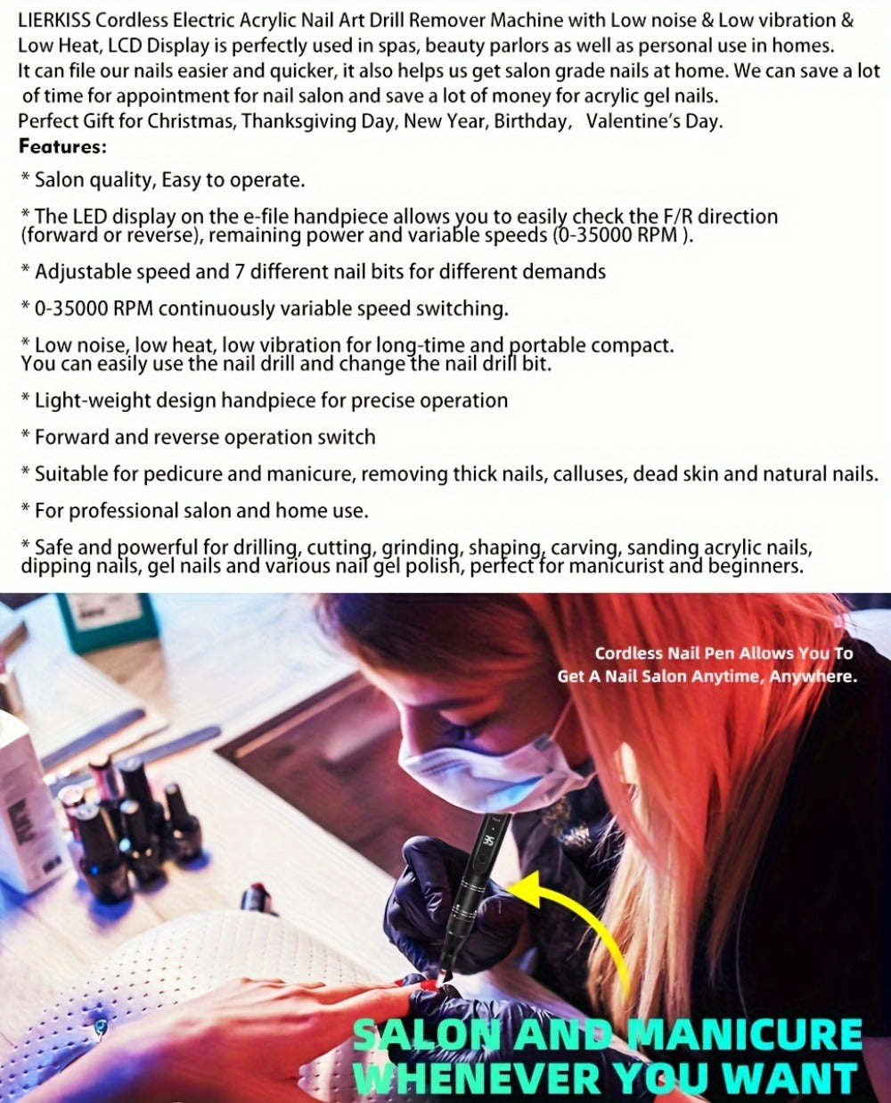 Electric Nail Drill 35000 RPM Rechargeable Pen with Digital Display, Forward Reverse and Three Colors — image 12