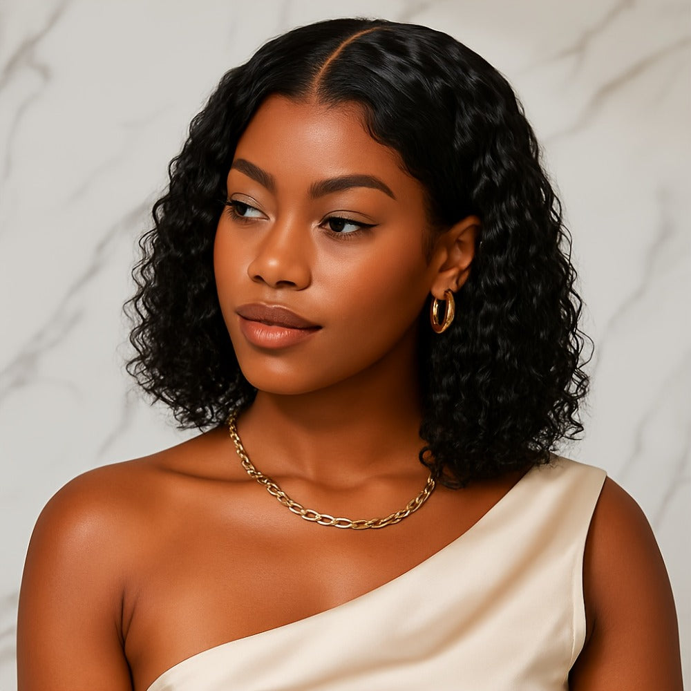 Lace Front Wig Deep-Wave Black 14-Inch Synthetic Style with Glueless Cap, Pre-Plucked Front and Baby Hair — image 9