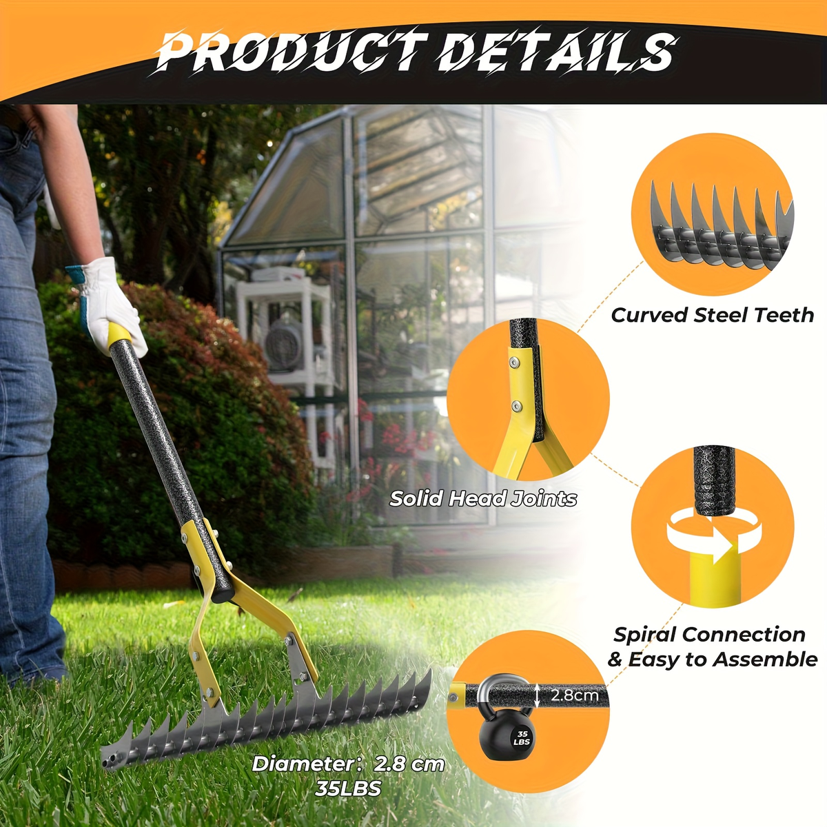 15-Inch Garden Thatch Rake with Curved Metal Teeth and 55- or 70-Inch Sectional Handle Options — image 7