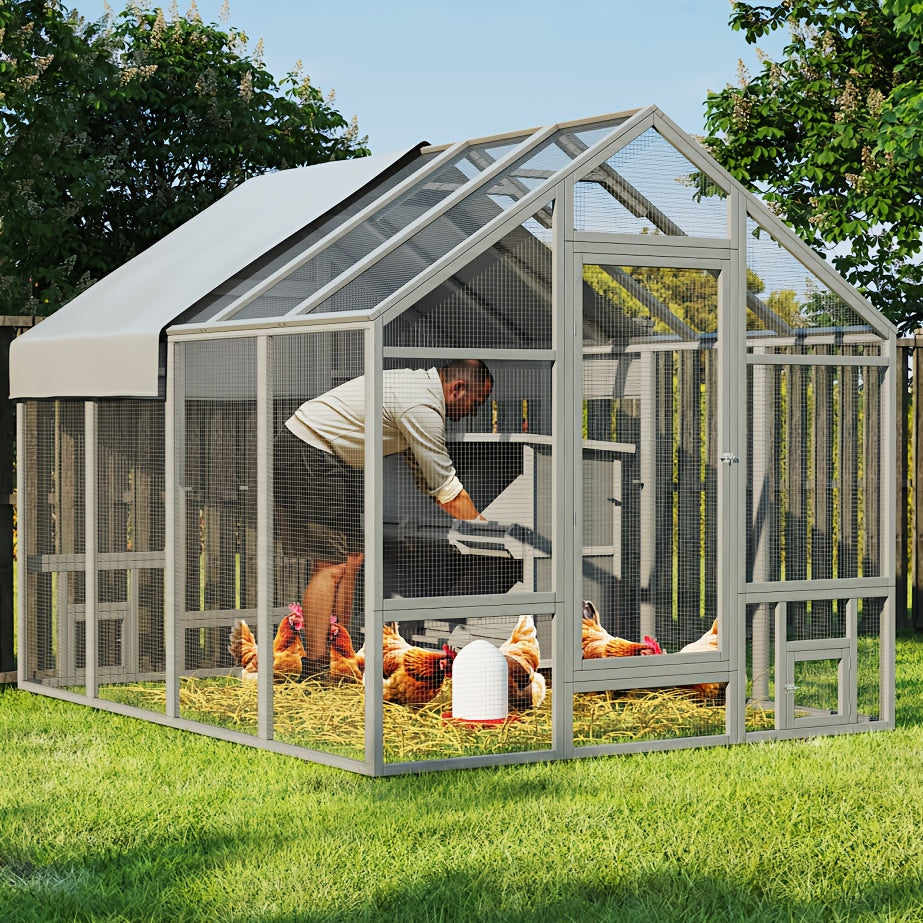 Walk-In Chicken Coop 96" Extra Large with Movable Fence, Outdoor Wooden Poultry Cage with Cover, Nesting Box & Walk-In Run fo