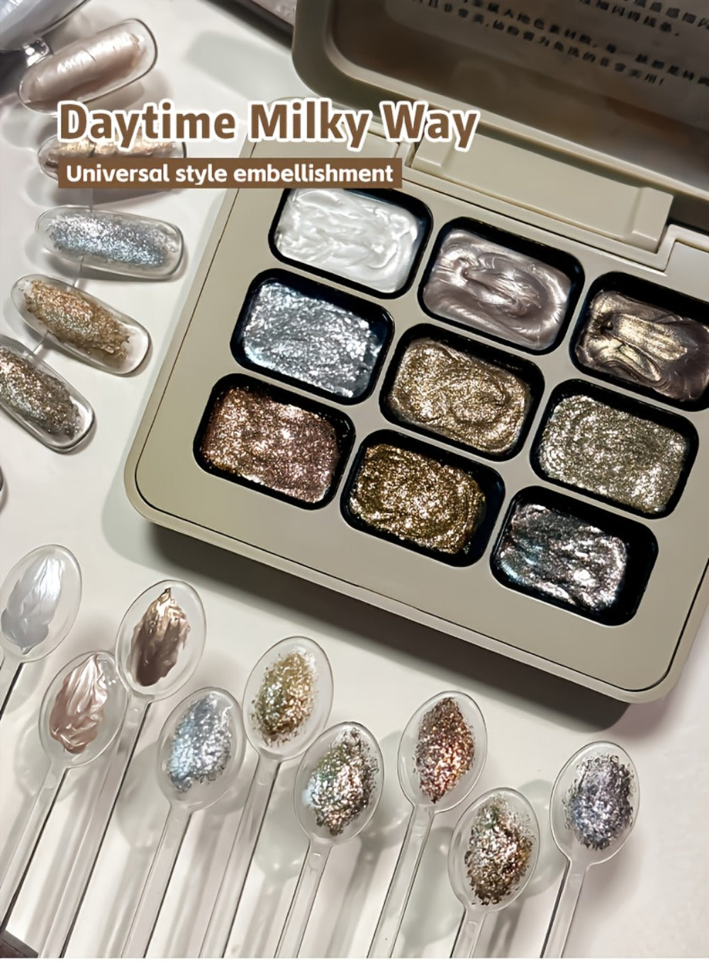 Shimmer Nail Art Gel Nine-Color Grid Palette with Metallic Neutral or Milky Way Color Selection — image 11