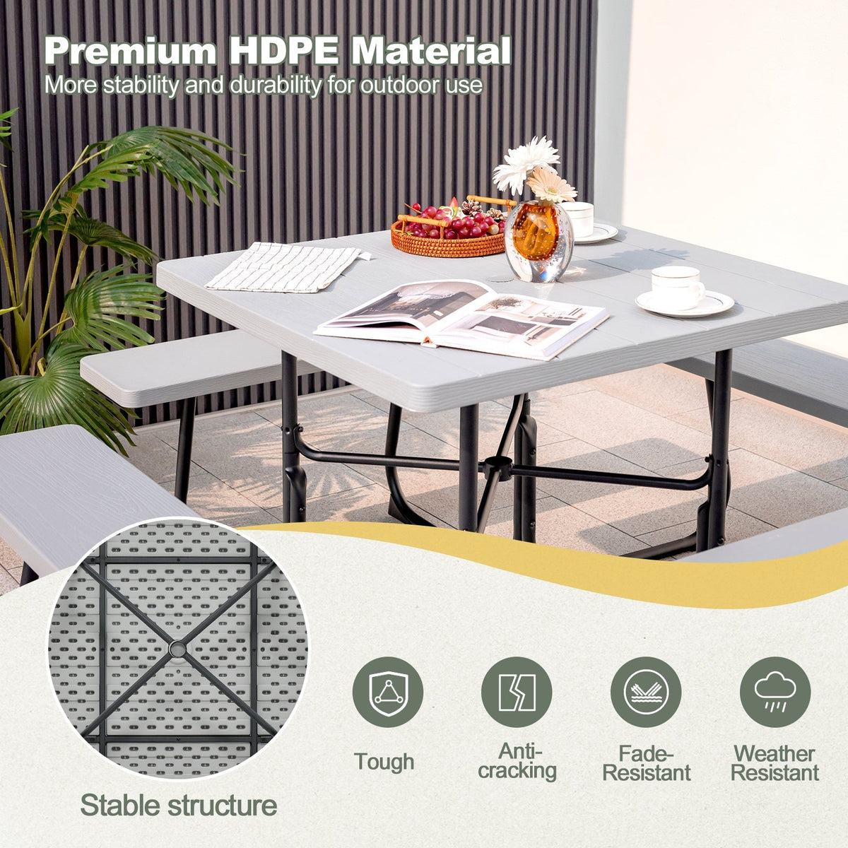 Outdoor Picnic Table 8-Person, Square HDPE Table with 4 Built-in Benches, Umbrella Hole, Metal Frame — image 10