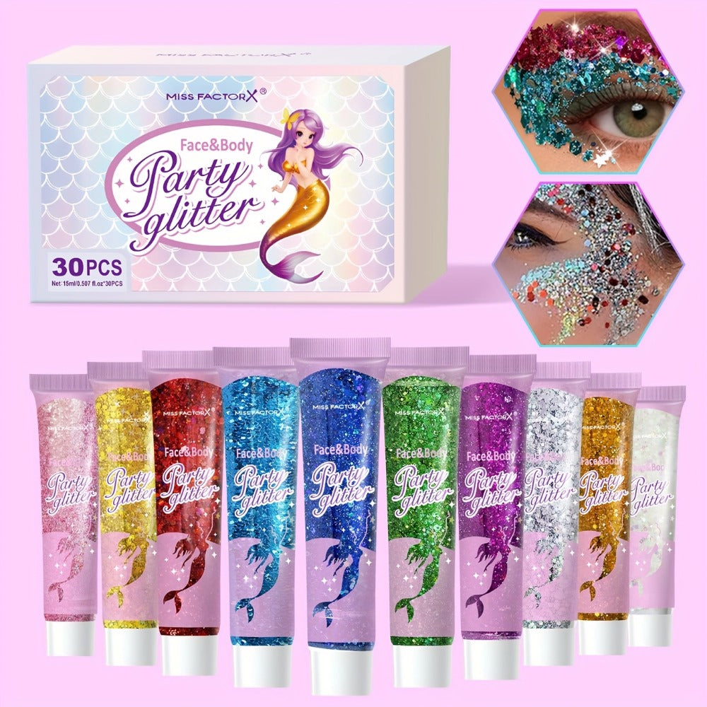 Face Body Glitter Gel Set 30 Pieces – Colorful Shapes Mermaid Sequin Stars Hearts, Transparent Gel Base, Skin-Safe Shimmer Ma