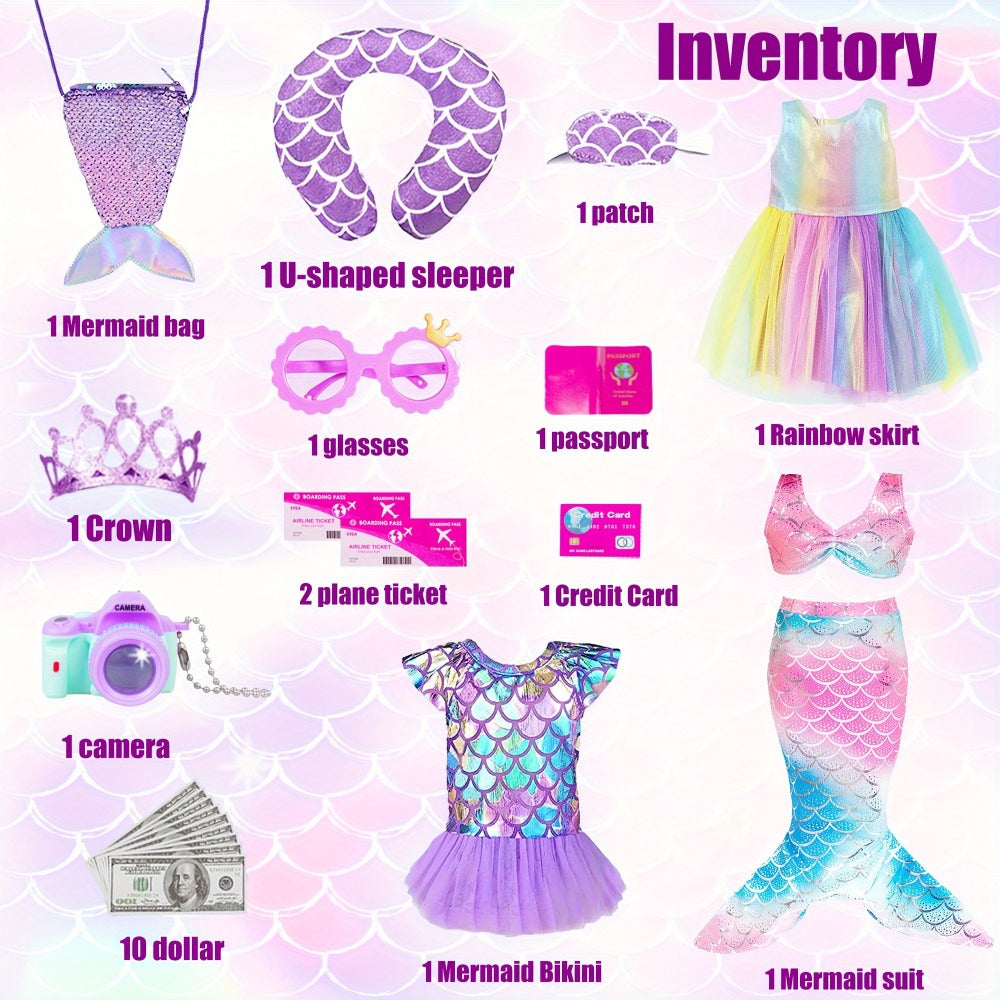 Twenty-Piece Mermaid Travel Accessory Set for 18-Inch Dolls with Purple Suitcase, Skirts and Crown — image 9