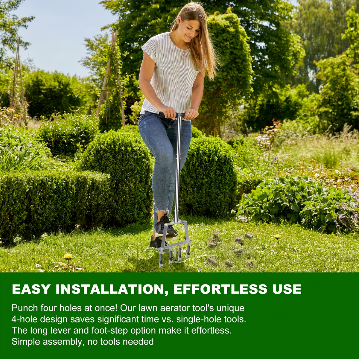Four-Tine Manual Lawn Core Aerator in Black with T-Handle, Foot Bar and Hollow Plugging Tubes — image 8