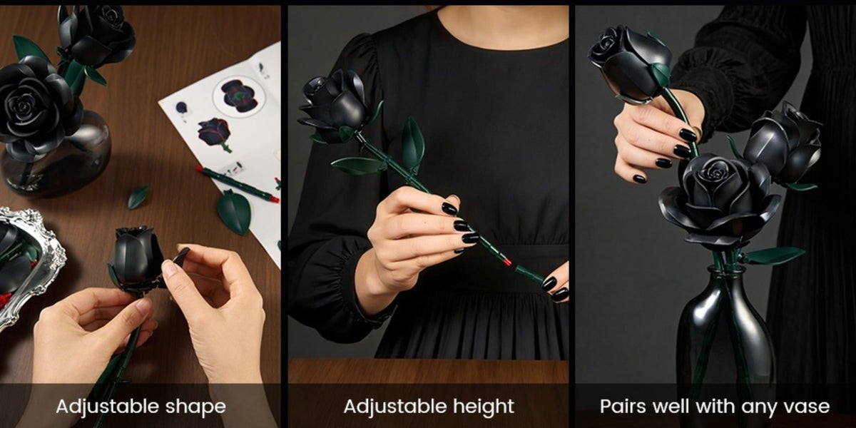 Building Block Set Black Rose Bouquet, 152-Piece Three-Flower Model with Adjustable Stems and Leaves for Display — image 15