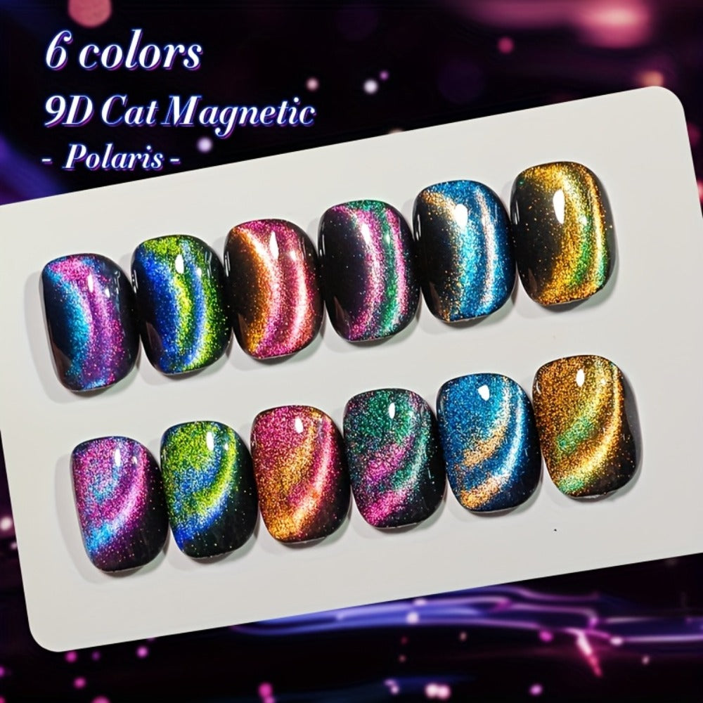 Gel Nail Polish 6-Color 9D Polaris Magnetic Set with Six 10ml Glass-Water-Light Shades for Nail Art — image 8