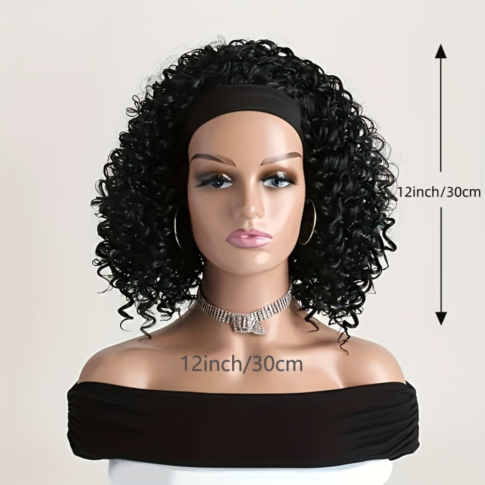 Headband Wig Curly Wavy for Women Black Synthetic Glueless No Lace – Elastic Cap Heat Resistant Beginner Friendly for Daily W