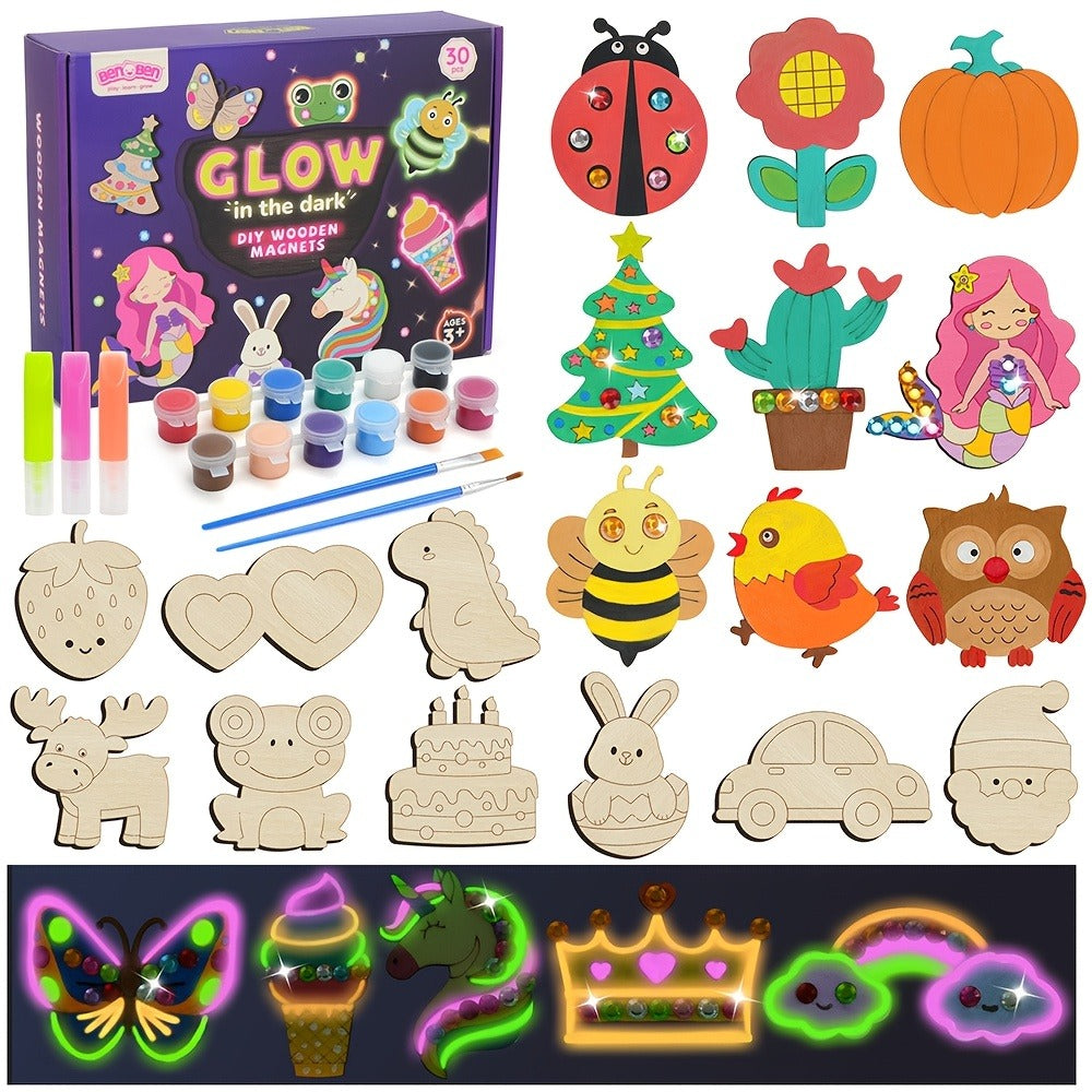 Glow in the Dark Craft Kit for Kids, 30pcs DIY Wooden Fridge Magnets Painting Set with Gem Stickers — image 1
