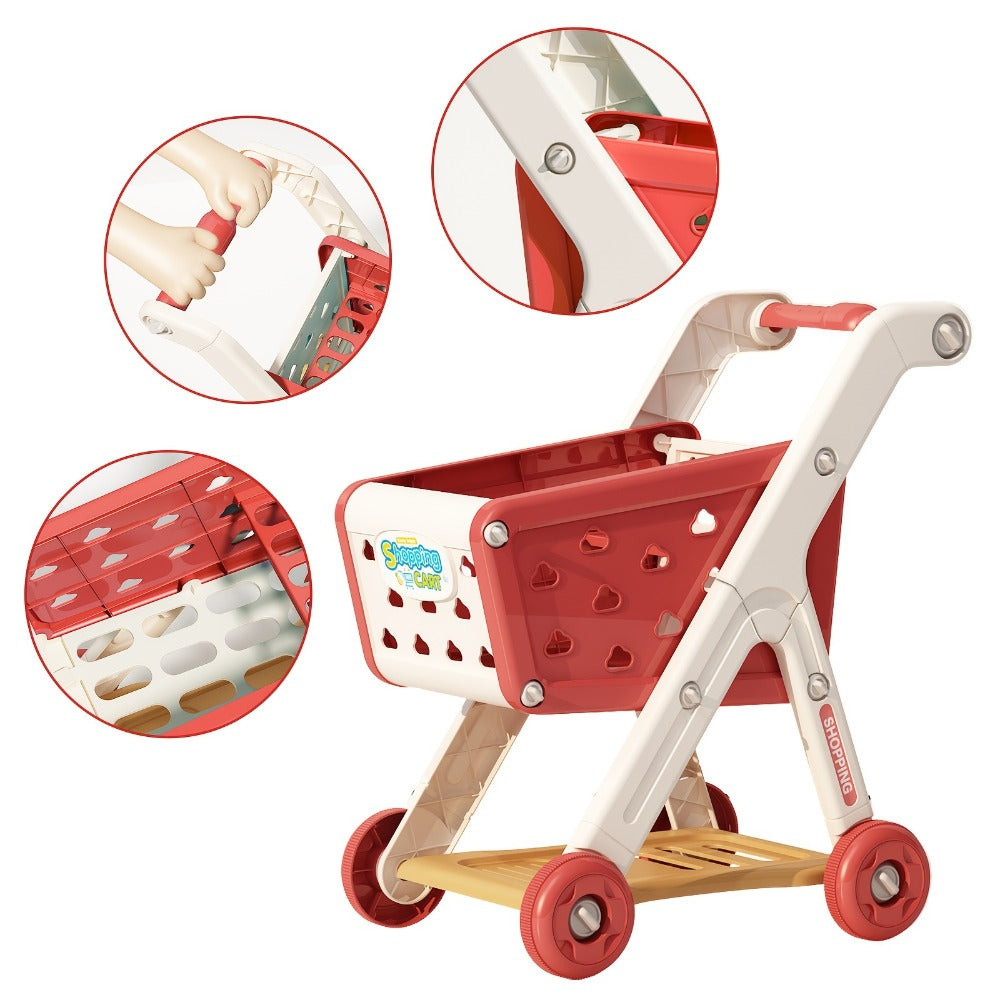 Kids Pretend Play Shopping Cart Toy Set with Realistic Food & Grocery Accessories, Supermarket Role Play for Toddlers Girls B