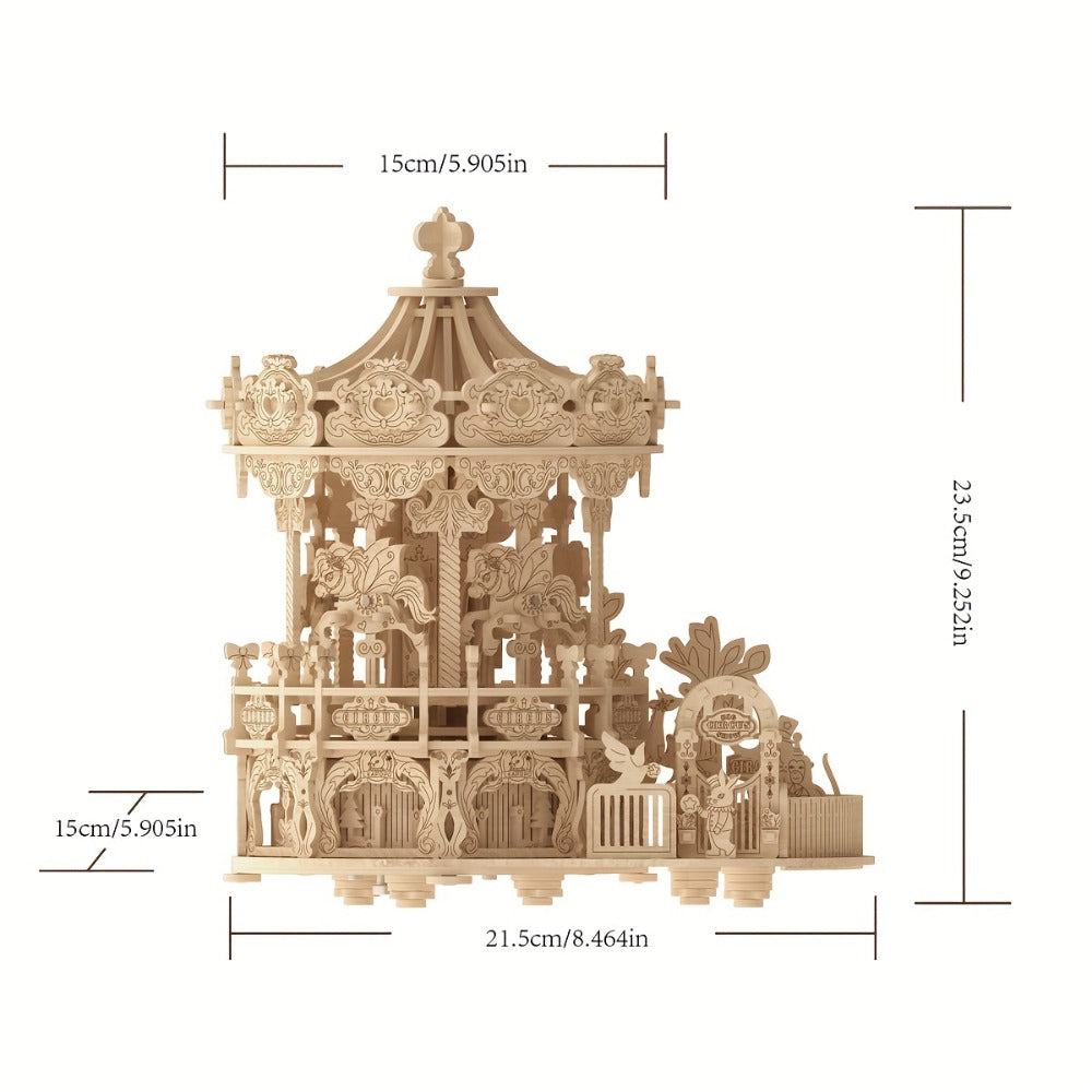 Rotating Merry-Go-Round Wooden Puzzle Kit, Mechanical Carousel 3D Model for Adults & Teens, DIY Kinetic Display Piece — image