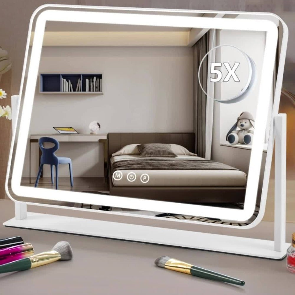 LED Vanity Mirror, Rectangular Tabletop Makeup Mirror with Touch Dimming and Three Light Colors on a Rotating Stand — image 1