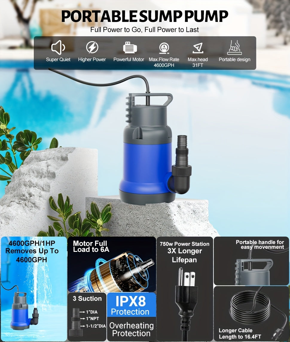 Submersible Sump Pump 1HP 4600GPH Portable Utility Water Pump for Pool Basement Flood Hot Tub — image 11