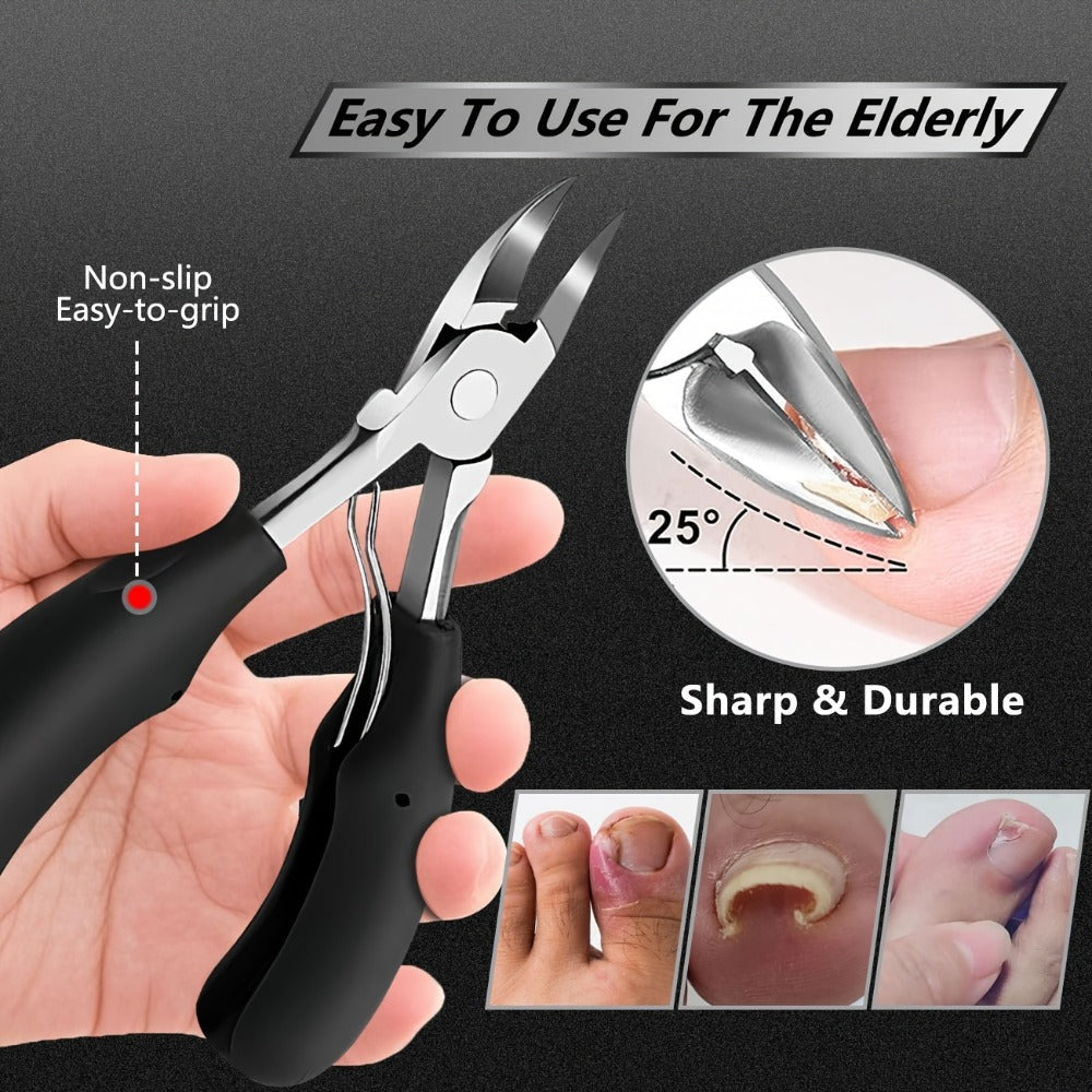 Wide-Jaw Nail Clipper Set, Six-Piece Black-Handle Kit with Curved, Slanted and Narrow Tools, Lifter, File and Storage Pouch —