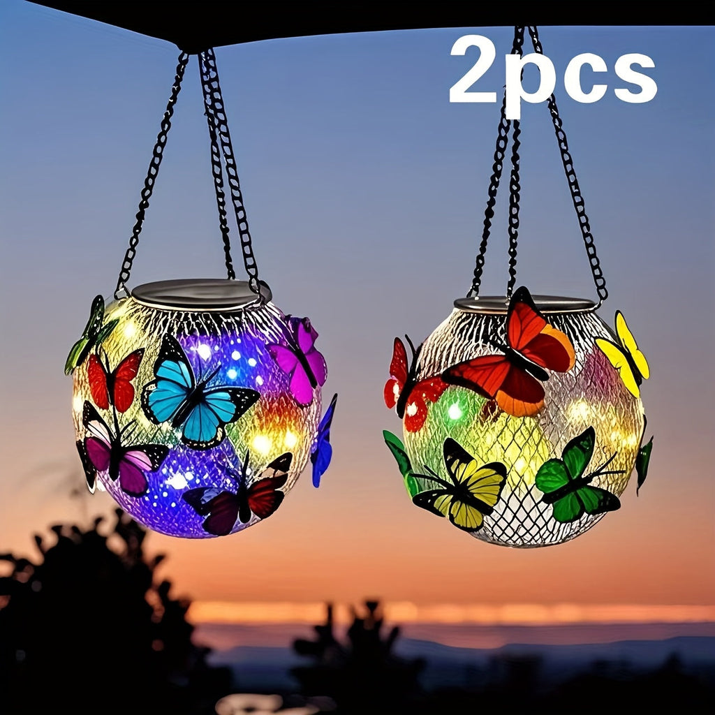 Solar Outdoor Lights 2-Pack Metal Butterfly Hanging Lanterns in Warm White or Multicolor for Porch Decor — image 2