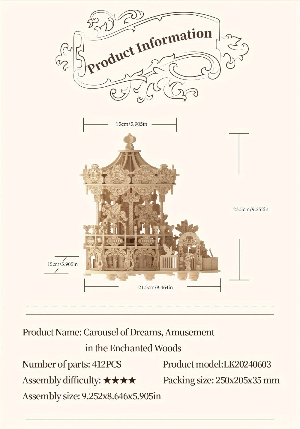Rotating Merry-Go-Round Wooden Puzzle Kit, Mechanical Carousel 3D Model for Adults & Teens, DIY Kinetic Display Piece — image