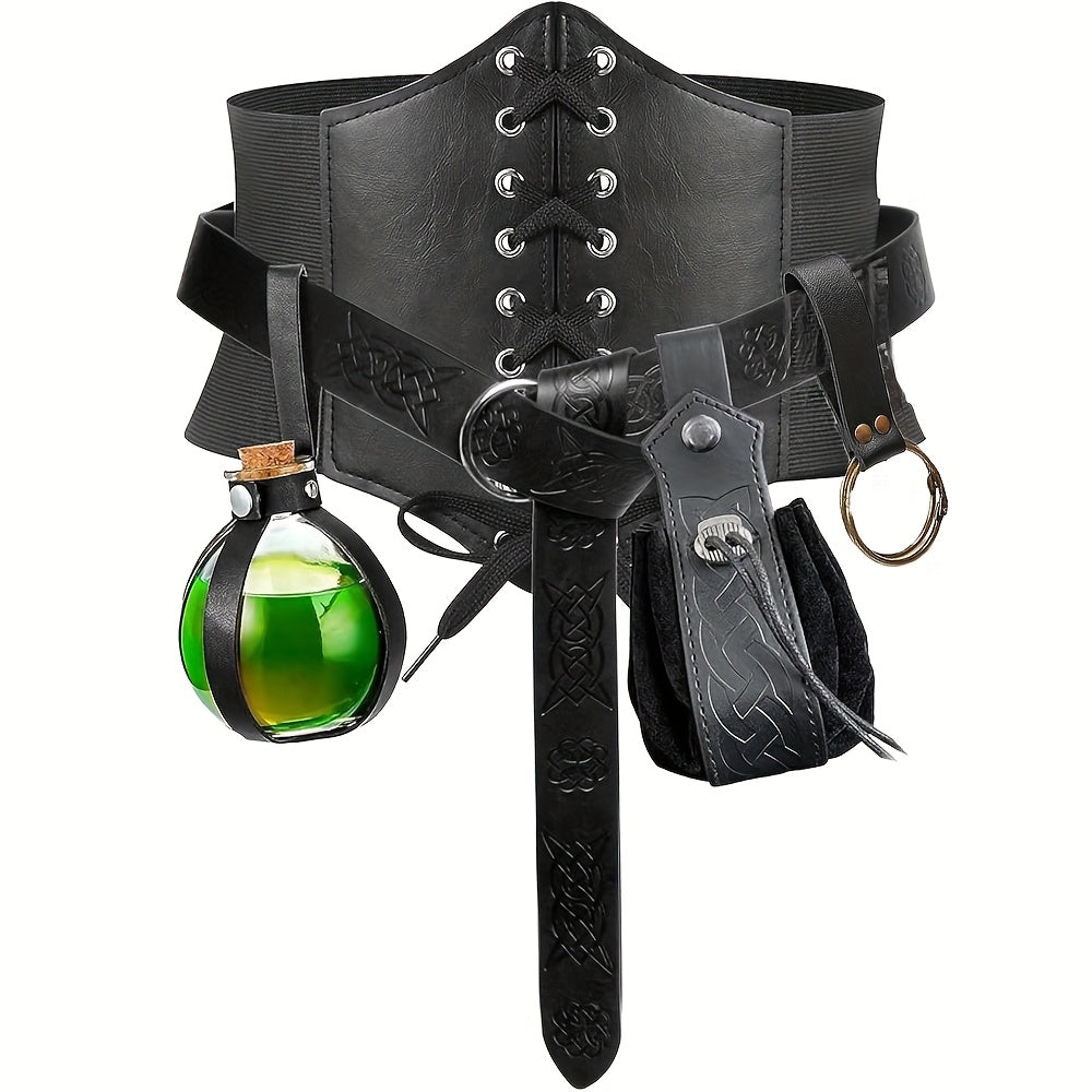 Medieval Costume Accessories Set 5-Piece, Corset Belt, Renaissance Belt Bag, Cork Potion Bottle & More for Halloween — image 