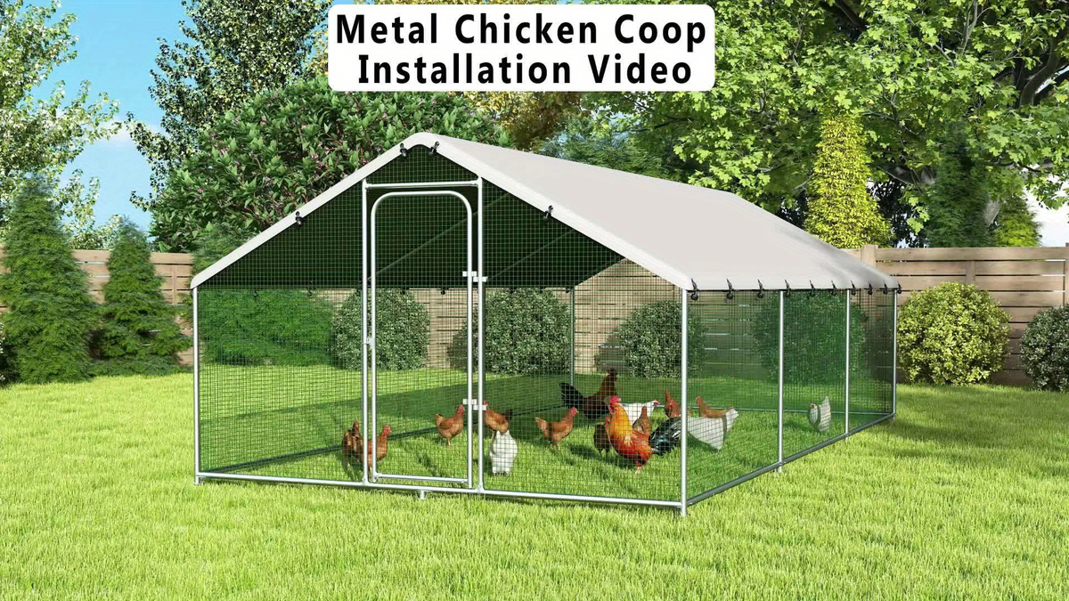 Dog Kennel Outdoor Large Metal Walk-in Chicken Run Pen Poultry Cage with Anti-UV Cover Movable Rack for Garden, Patio and Yar