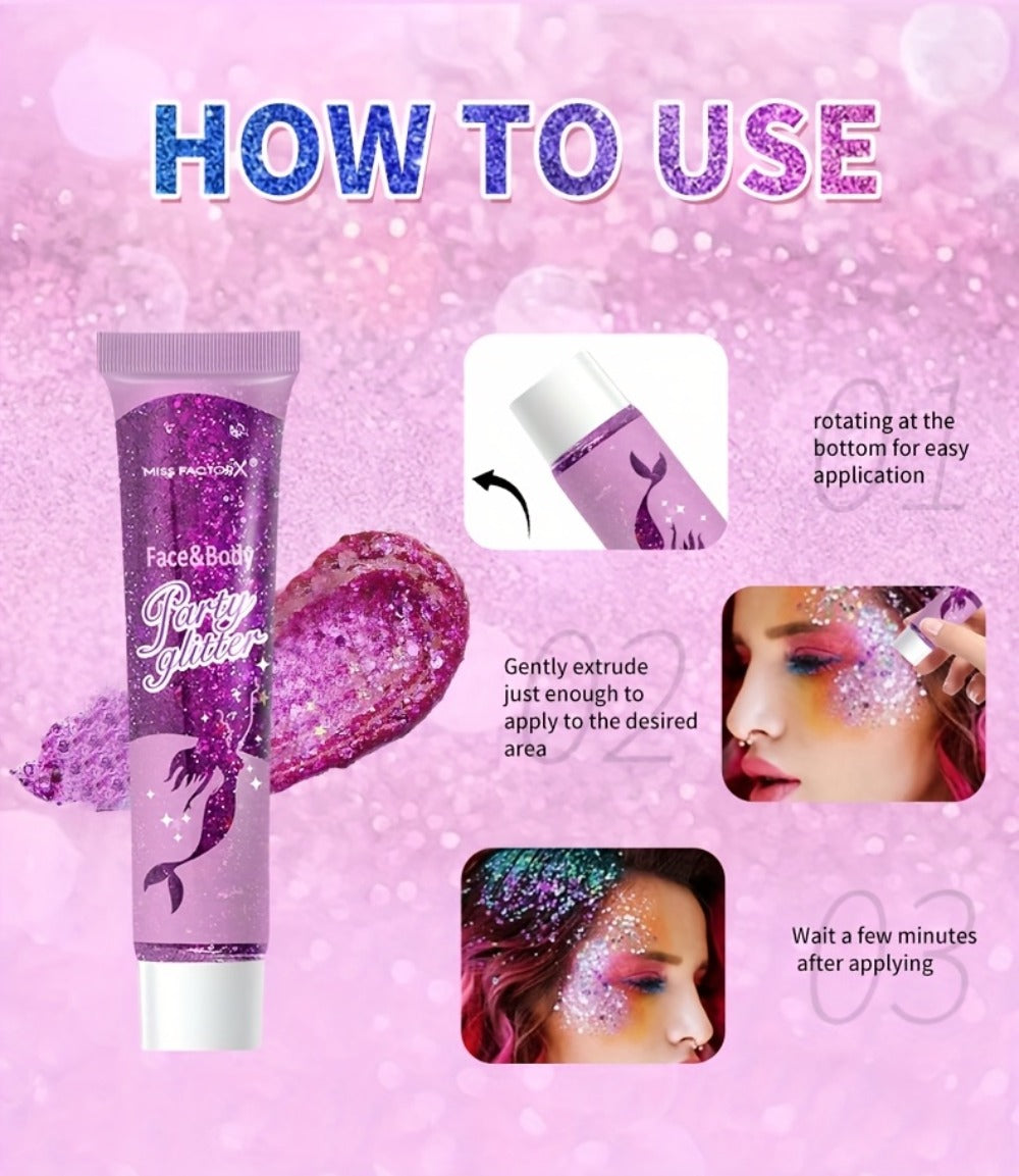 Face Body Glitter Gel Set 30 Pieces – Colorful Shapes Mermaid Sequin Stars Hearts, Transparent Gel Base, Skin-Safe Shimmer Ma