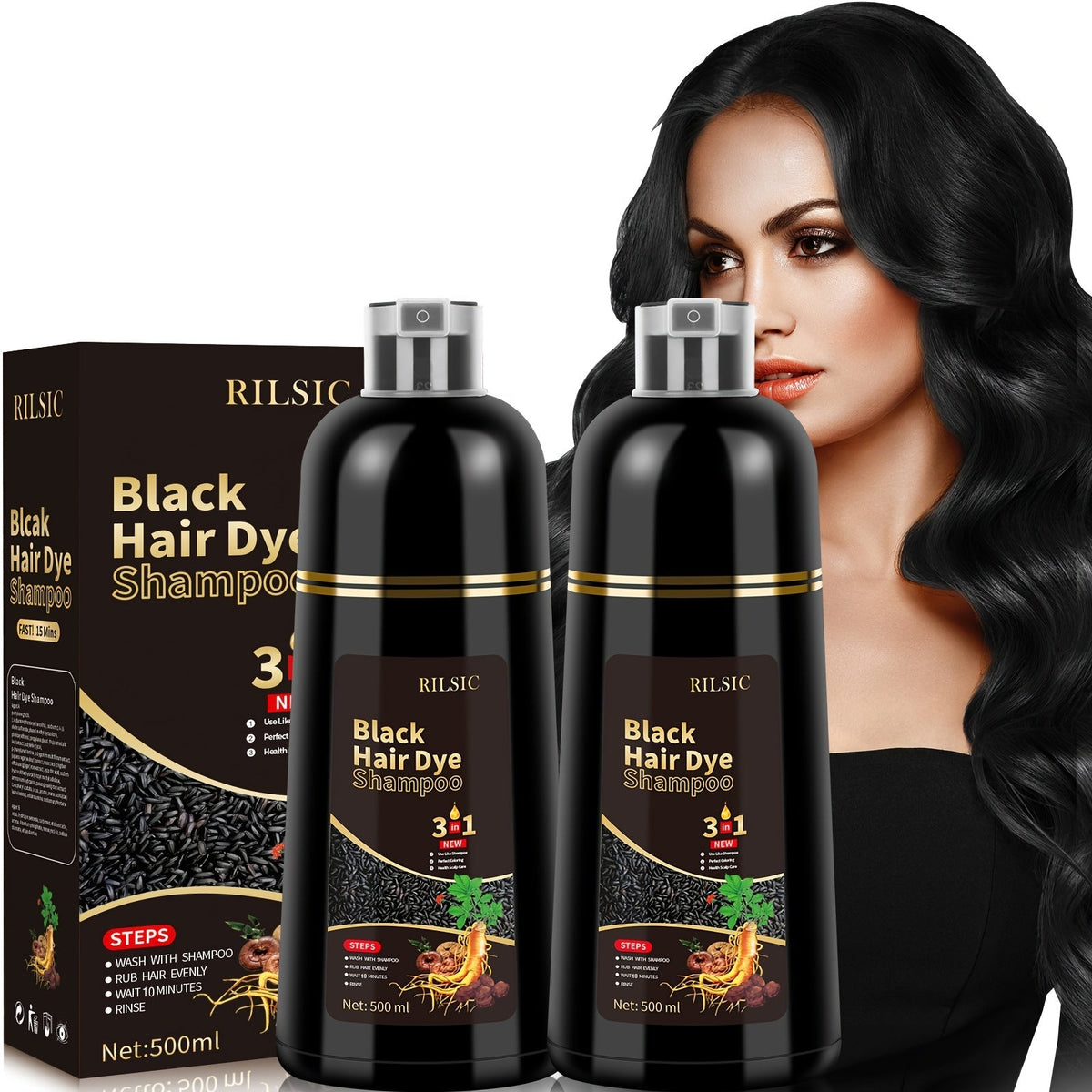 Grey Hair Coverage Shampoo 2 Pack 3-in-1 Herbal Hair Dye Kit with Plant-Based Squalane Colors for Bath Time, Home Spa and Per