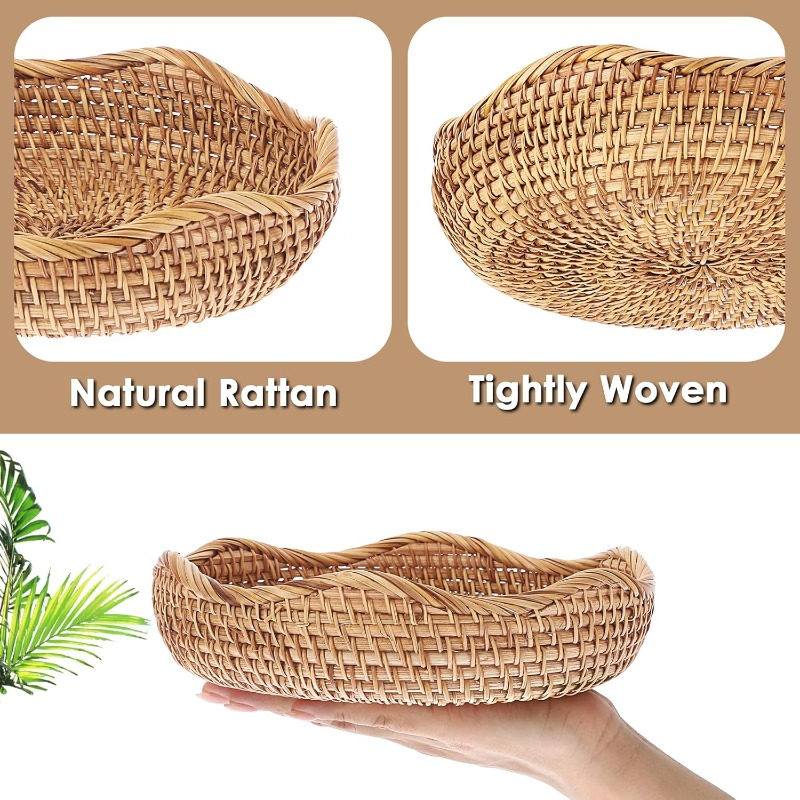 Rattan Tray Bowl – 8.5 Inch Hand Woven Natural Wicker Basket Tray for Fruit, Bread, Keys, Tabletop Decor, Kitchen, Entryway &