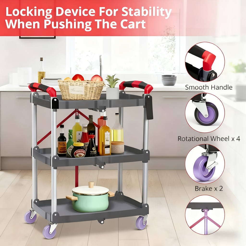 3-Tier Rolling Cart Collapsible Service Utility Cart on Wheels, Portable Folding 3 Shelf Cart for Kitchen Office Garage Works