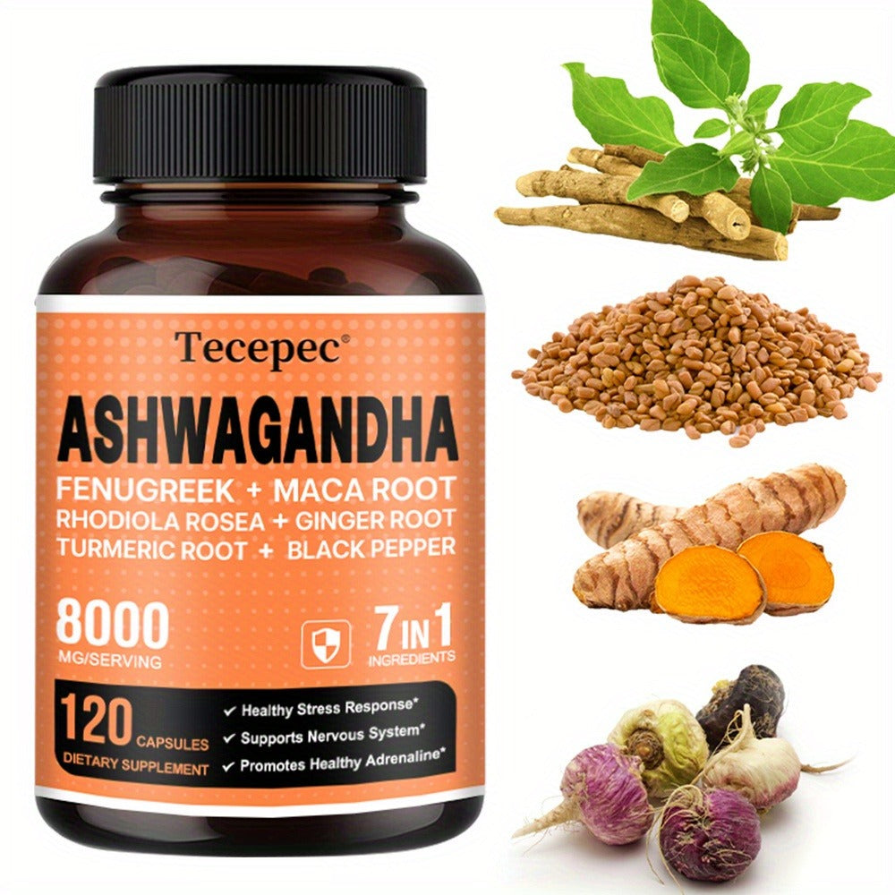 Ashwagandha Capsules 7-in-1 Adaptogen Blend 120ct with Maca Root Rhodiola Rosea Ginseng for Bath Time, Home Spa and Personal 