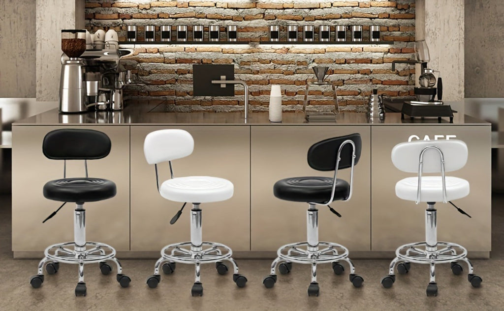 Adjustable Salon Stool with Backrest, Ring Footrest, Five Casters and Black or White Round Padded Seat — image 12