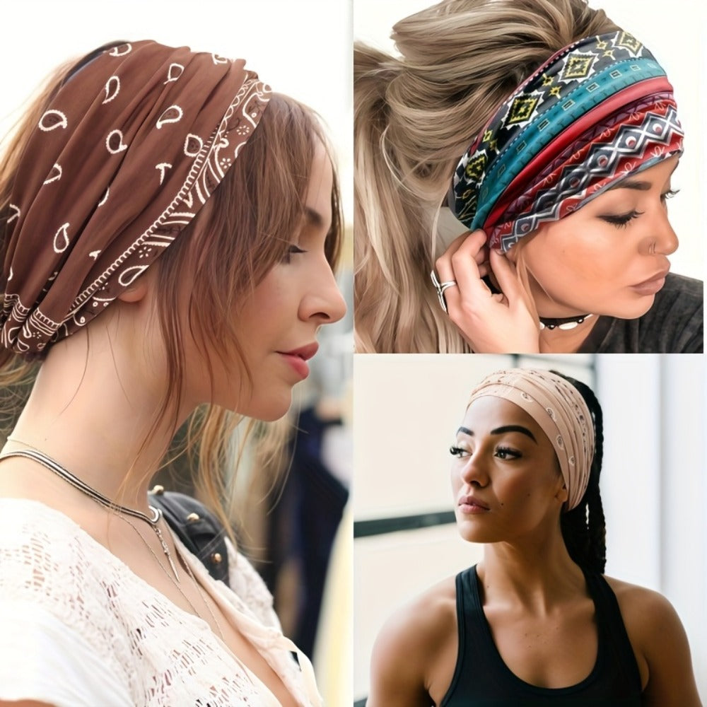 Floral Turban Headbands for Women 8 Pack Non-Slip Elastic Boho Knotted Wide Hair Wrap for Sports Yoga Running Workout Sweatba
