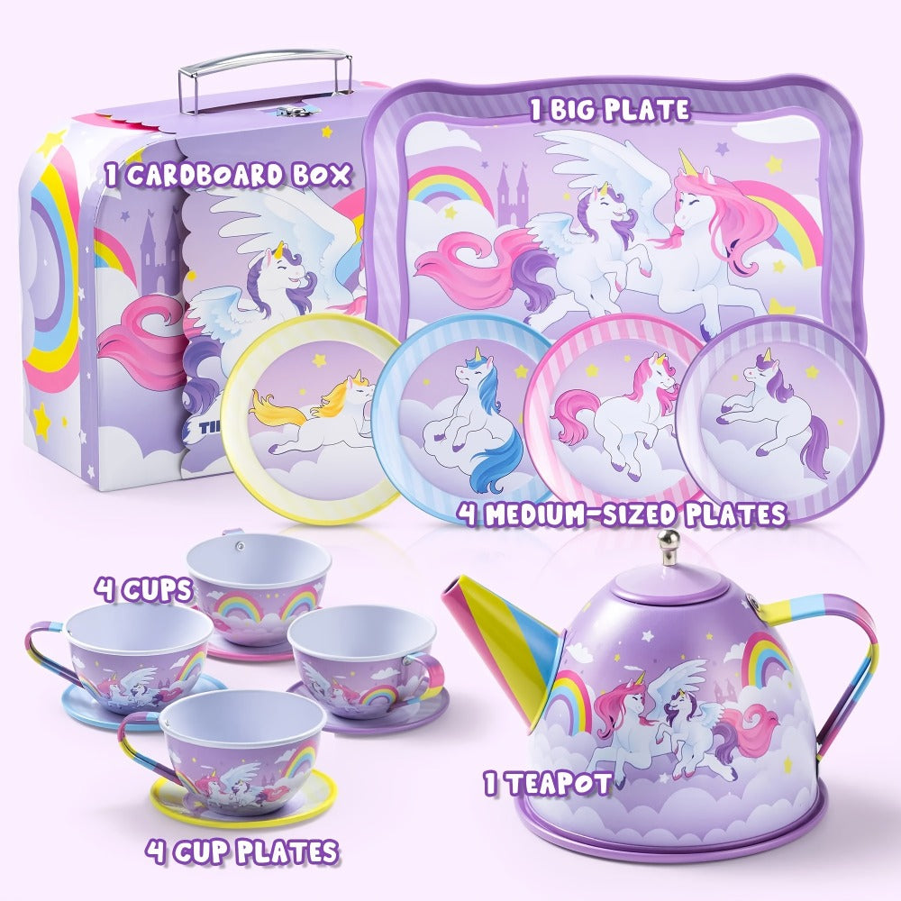 Purple Unicorn Tin Tea Set in Carry Case with Teapot, Four Cups, Four Saucers and Five Plates — image 4
