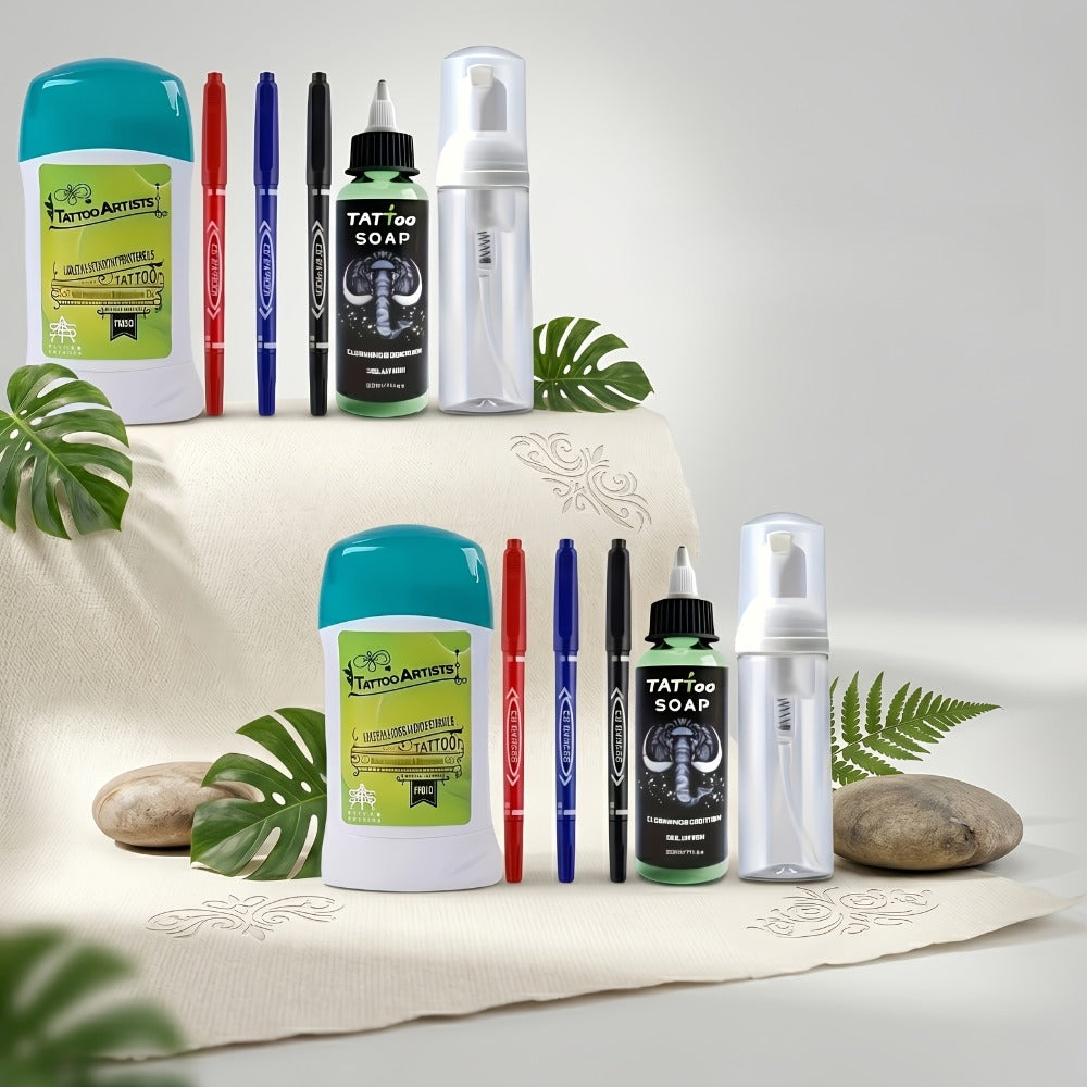 Tattoo Transfer Kit Complete Set with Ink Gel Green Soap Solution & Stencil Markers for Temporary Body Art, Festivals and Cos