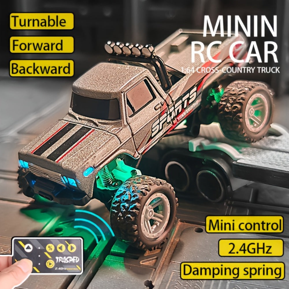 Mini RC Monster Truck 1:64 Scale with Matching Trailer, 2.4GHz Controller, LED Details and Three Color Options — image 1