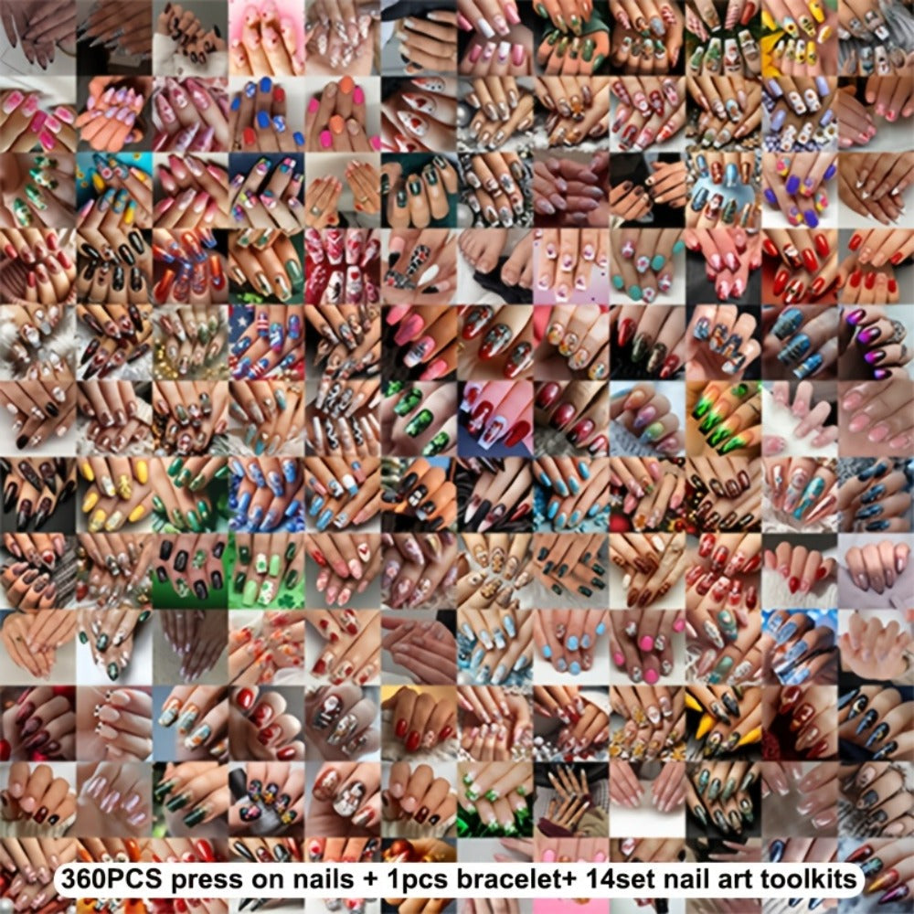 Press On Nails 375-Piece Kit with 360 Assorted Nails, Bracelet and 14-Piece Nail Art Tool Set — image 3