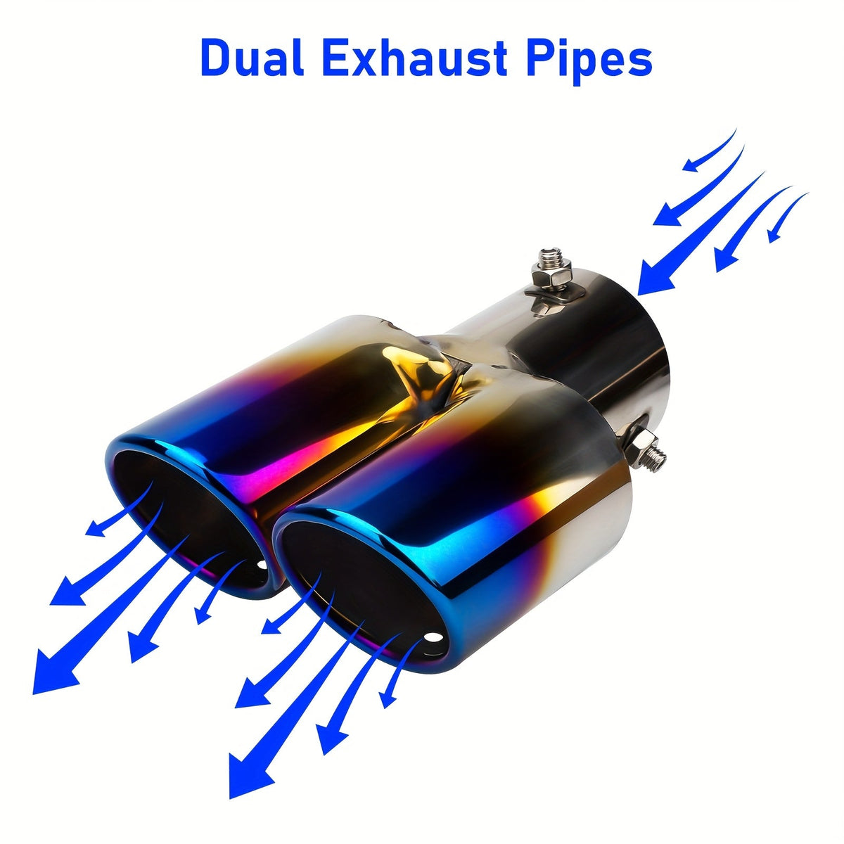 Dual Exhaust Tip 2.5" Inlet Stainless Steel Double Outlet Car Muffler Tailpipe Tip – Bolt-On Curved Bevel Port, Black & Blue 