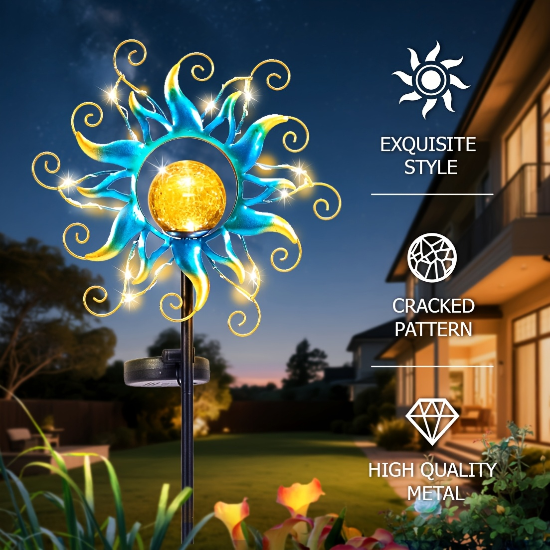 Solar Garden Lights Blue Sun-Shaped LED Stake, IPX4 Rated with Separate Solar Panel for Path Decor — image 5