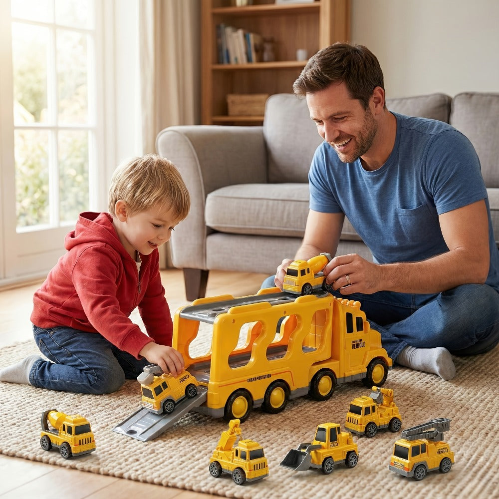 7-in-1 Kids Car Toy Set 7pcs with Playmat, Large Vehicle + 6 Mini Cars Ambulance Police Fire Truck Engineering — image 4