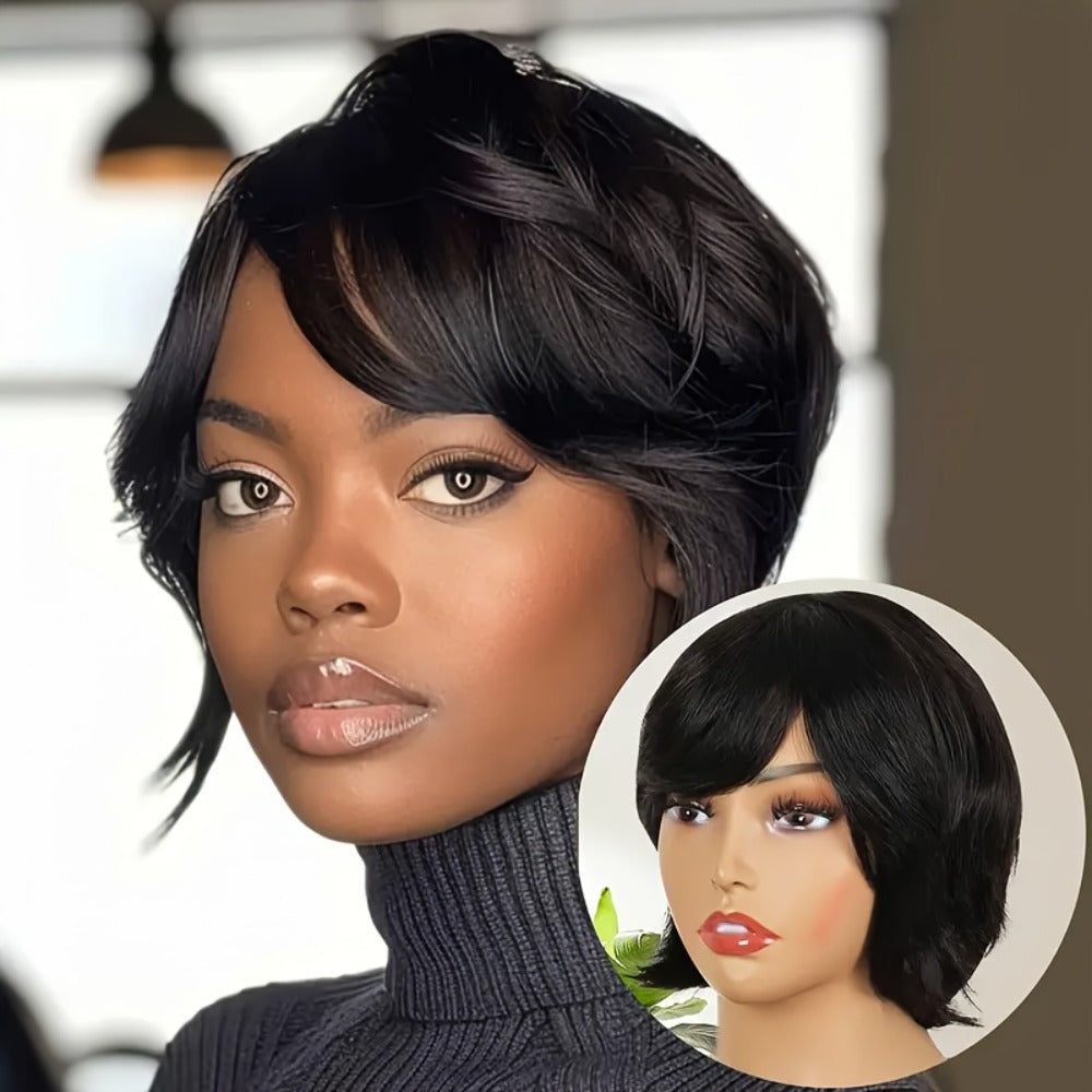 Pixie Cut Wig Human Hair with Bangs Glueless Short Brazilian Layered Machine Made Throw-On-and-Go Hairpiece Natural Black 1B 
