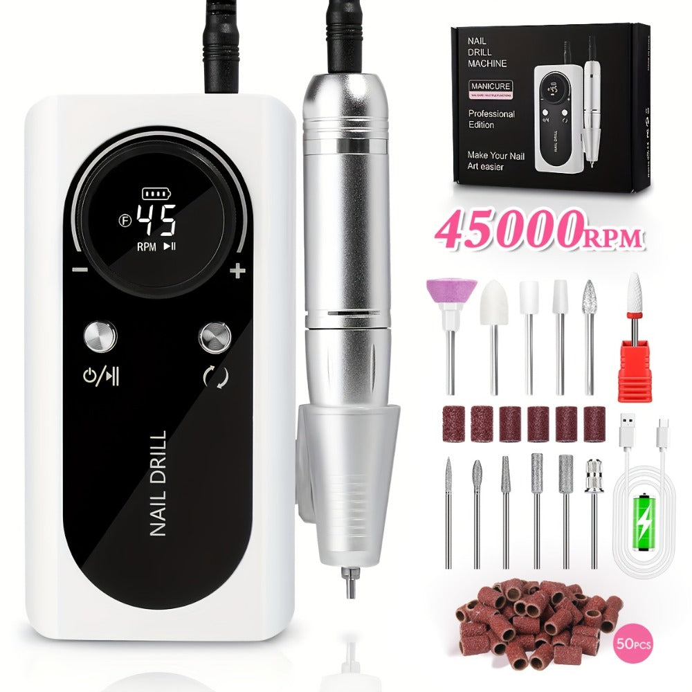 Low Noise Nail Drill Machine 45000RPM Rechargeable with LCD Display – Quiet Electric E-File for Gel Polish Acrylic Natural Na
