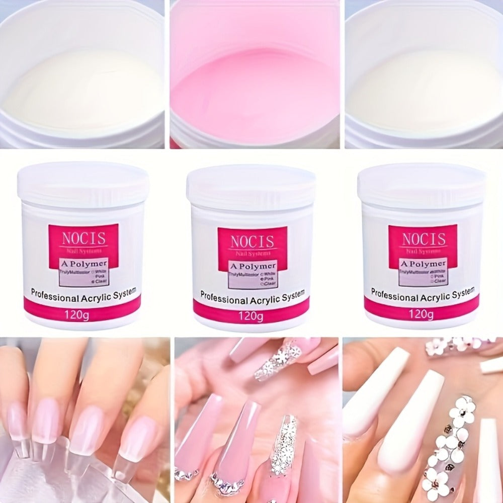 No Lamp Acrylic Nail Extension Powder 120g Clear Pink White, Crystal Formula for Carving 3D Nail Art — image 4