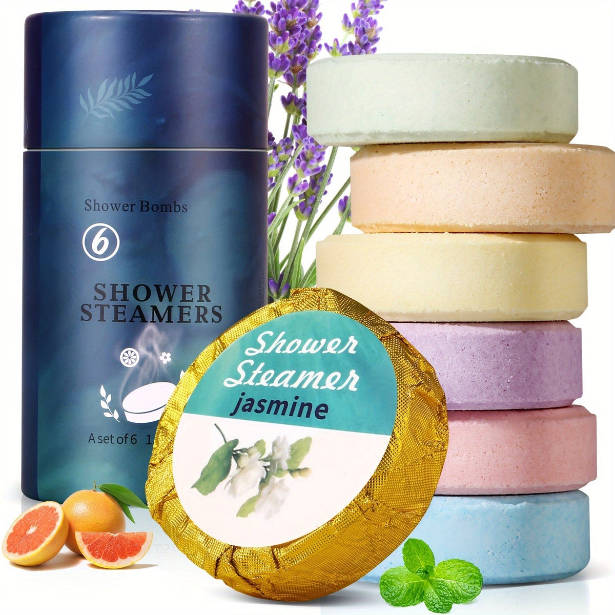 Six Assorted Shower Steamer Tablets in a Cylindrical Gift Box with 30 g Individually Wrapped Pieces — image 7