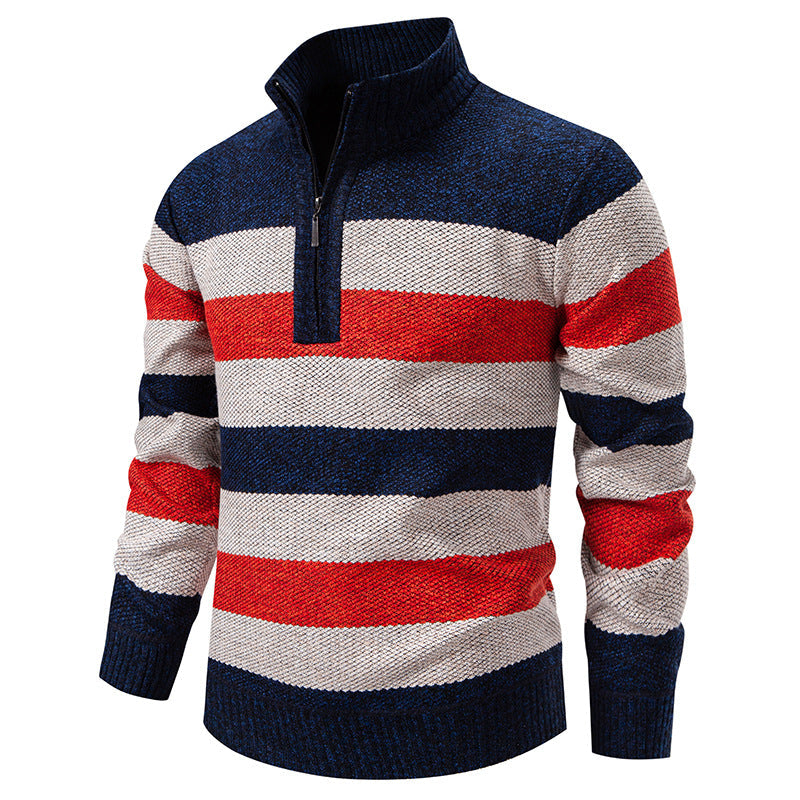 Mens Color-Block Stand-Up Collar Half-Zip Fleece-Lined Thermal Sweater