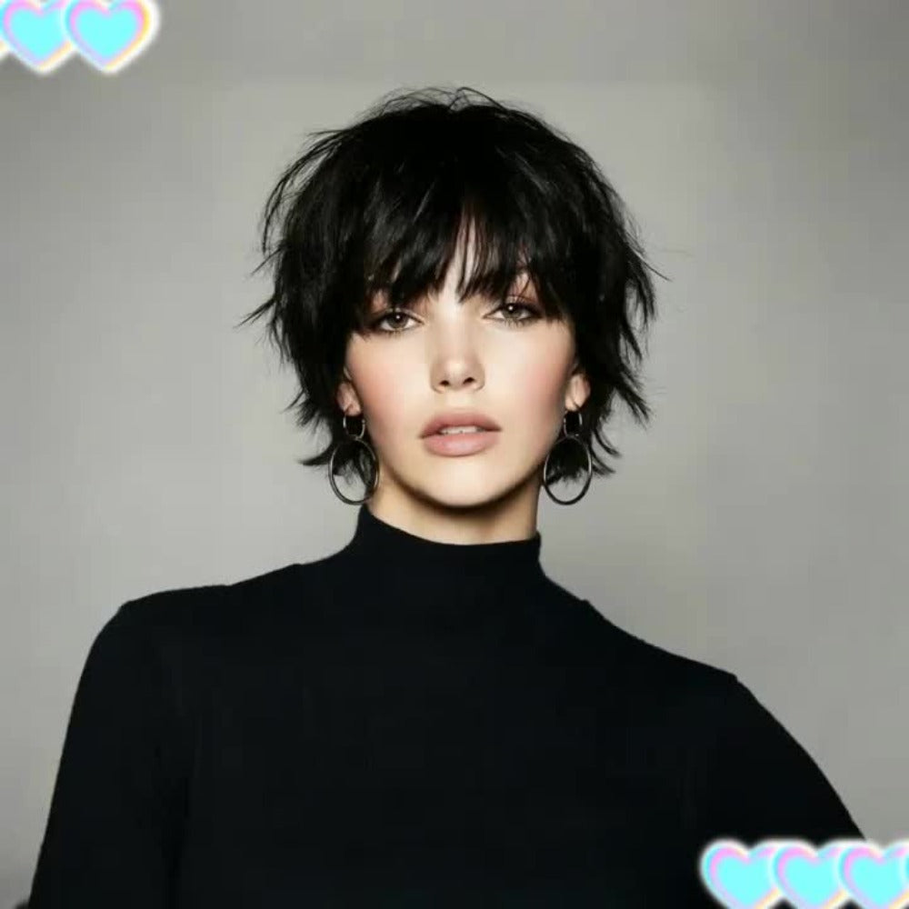 Pixie Cut Wig Human Hair with Bangs Glueless Short Brazilian Layered Machine Made Throw-On-and-Go Hairpiece Natural Black 1B 