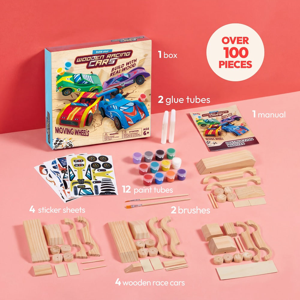 DIY Wooden Race Cars 4pcs Build & Paint Kit for Kids Ages 8+, 44 Pre-Cut Pieces 12 Colors Racing Stickers — image 6