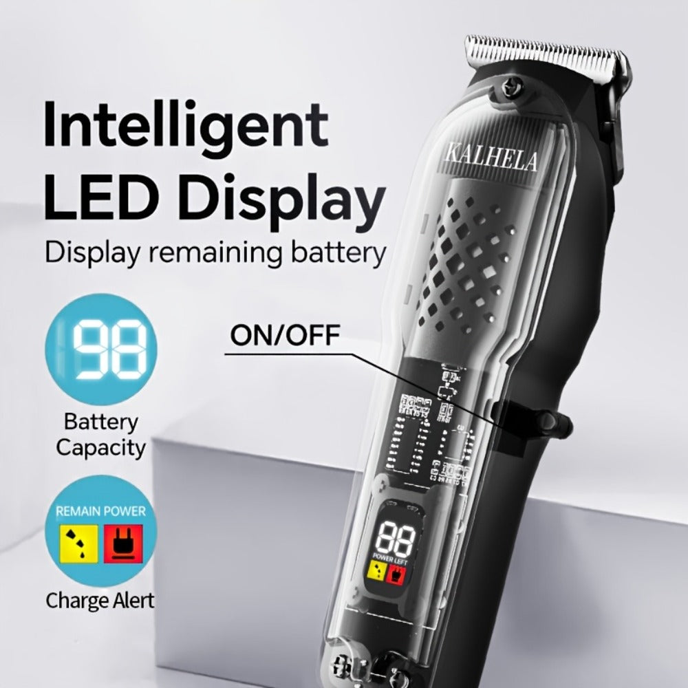 Transparent Electric Hair Clipper with Digital Display, Four Guide Combs, Grooming Tools and Red, Black or Blue Finish — imag