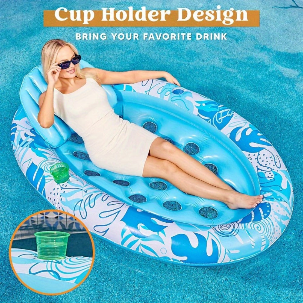 70 x 50-Inch Inflatable Pool Float Lounger with Oval Blue Body, Removable Backrest and Two Cup Holders — image 2