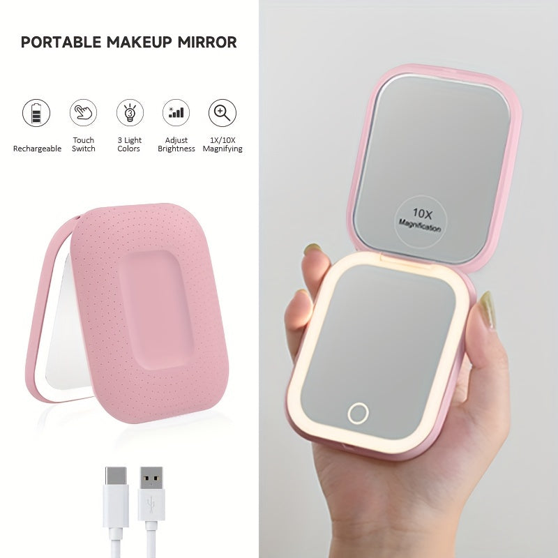 10X LED Lighted Compact Mirror USB Rechargeable 1X 10X Magnification Dimmable 3-Color Touch Screen – Double Sided Portable Tr