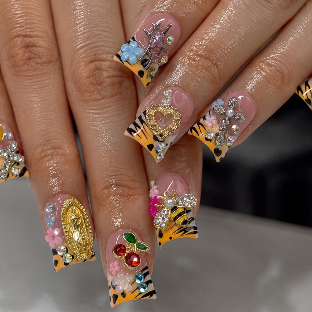 Press On Nails 10-Piece Short Duck-Tip Acrylic Set with Cherry, Bee, Flower, Cross and Star Designs — image 2