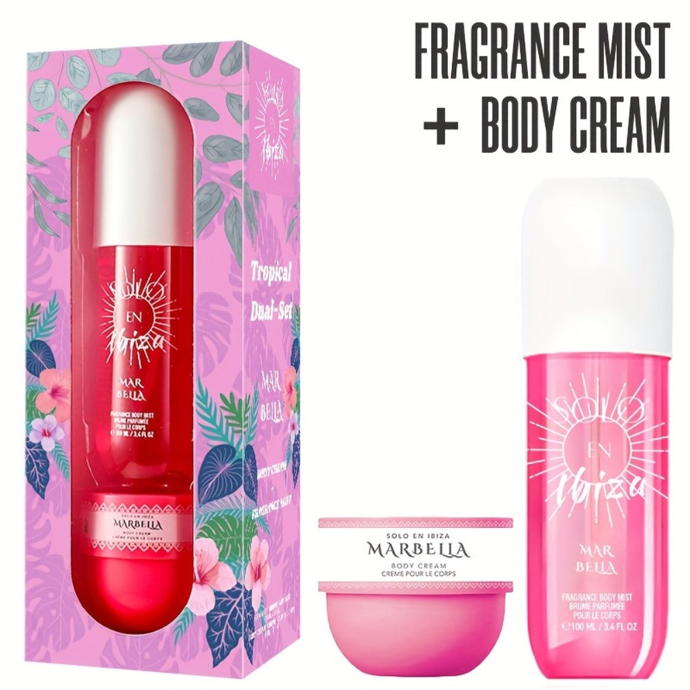 Body Hair Fragrance Mist Gift Set 2-Piece SOLO EN IBIZA Perfume Mist Body Cream Vanilla Fruit for Bath Time, Home Spa and Per
