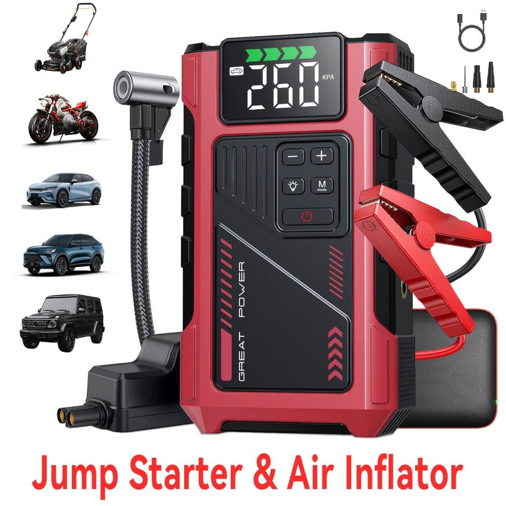 Portable Jump Starter 9-in-1 with Air Compressor – 12V Car Battery Booster for 8.0L Gas & 6.5L Diesel, USB-C, LED Emergency L