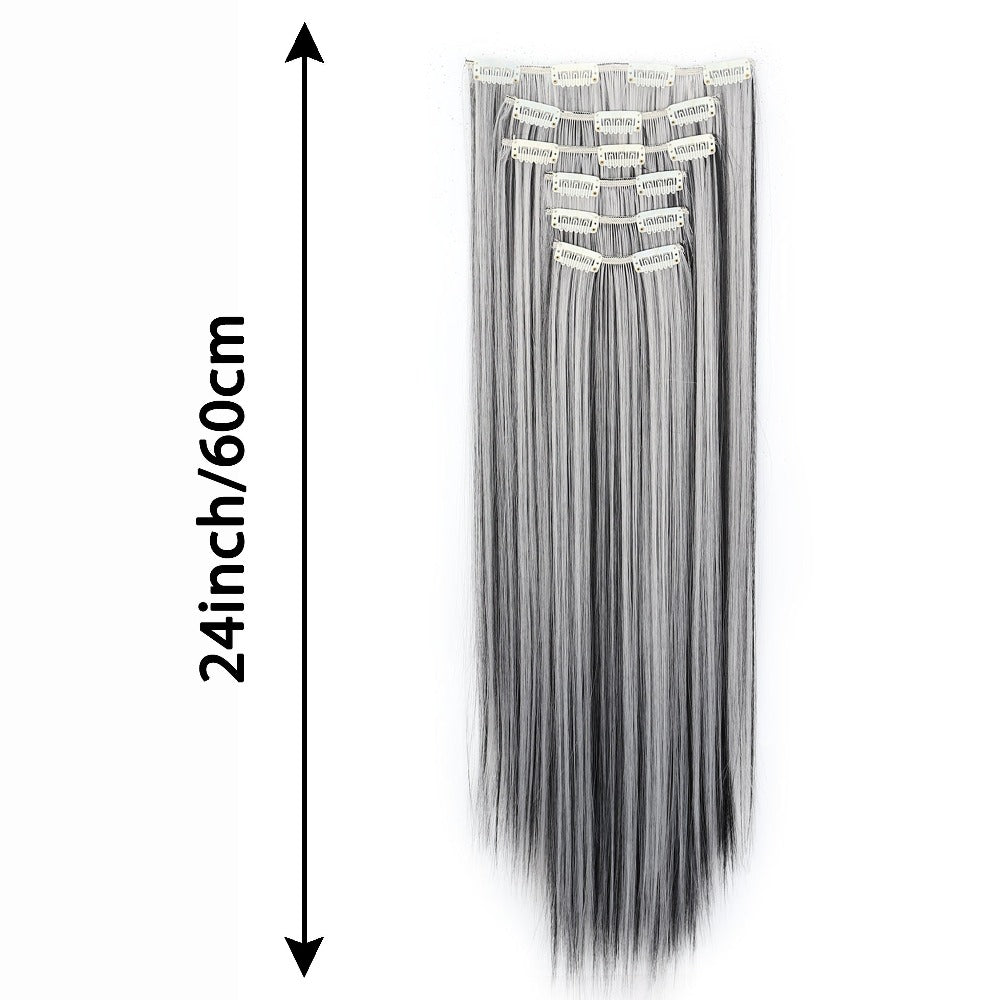 Space Gray Clip In Hair Extensions 6 Piece Set 24 Inch Heat Resistant Synthetic Fiber – Instant Length & Volume for Women | D